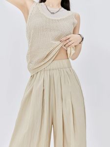 WANGGONGZHU | High Waist Ice Silk Wide Leg Pants Women Summer Thin Cotton Linen Loose Casual Floor Length Trousers Princess Style Commute Wind