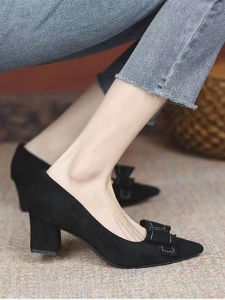 Korean Style Butterfly Knot High Heels Work Shoes Womens Pointed Toe Chunky Heel Fashionable Flat Mouth Single Shoes Black