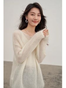 สไตล์เกาหลี หลวม เสื้อสเวตเตอร์ถัก ผู้หญิง แคชเมียร์ เสื้อสวม เสื้อท่อนบน คุณภาพระดับพรีเมียม ฤดูใบไม้ผลิ 2024 แฟชั่น โพลีเอสเตอร์ ไฟเบอร์