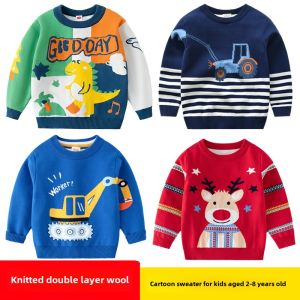 Double Layer Fleece Lined Casual Knitwear for Boys Spring Autumn Style Cartoon Print Pullover Warm Soft Cotton Blend Kids Clothes