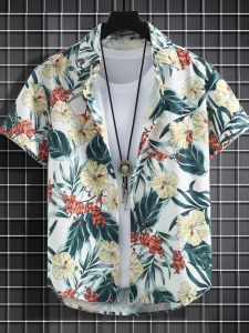 Summer Mens Short Sleeve Floral Shirt Thin Casual Beach Style Vintage Hawaii Port Wind Shirt Top for Youth Ice Sensation