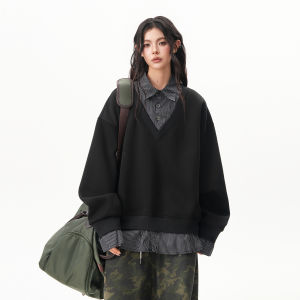 BWKA | Color Blocked Stripe Polo-Style Sweatshirt Loose Casual Long Sleeve