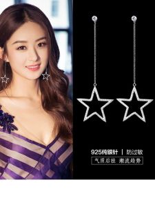 925 Sterling Silver Earrings Long Star Shape Womens Fashionable Tassel Allergy Free Elegant Simple Design Hoop Earrings