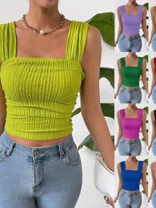 Sleeveless Crop Top Square Neck Bared Belly Vest Top Womens Street Style Solid Color Summer Fashion Casual Wear