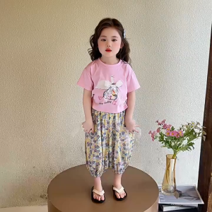 สาวฤดูร้อนสูทเสื้อยืดสาวน้อยใหม่ลูกไม้พิมพ์เสื้อยืดกันยุงกางเกงสองชิ้นเสื้อผ้าเด็ก