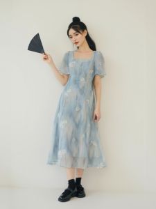 Blue Embroidered A-Line Dress French Country Style Waist-Cinching Long Skirt Summer Fashion College Style Midi Dress for Women