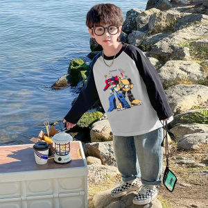 Boys Pure Cotton Long Sleeve T-shirt Cartoon Print Base Shirt Spring Autumn Wear for Middle And Small Children Casual Style