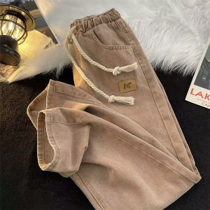 High Street Fashion Brand Denim Mens Straight-leg American Retro Vibe Washed Labeling Drawstring Elastic Waist Casual Long Pants