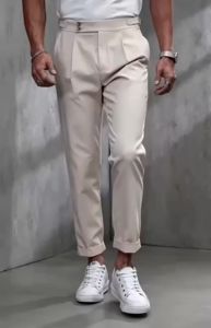 Mens Double Button High Rise Pleated Suit Pants Cuffed Hem Casual Office Ankle Trousers