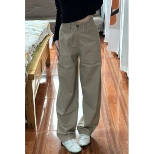 High Waist Straight Leg Fleece Lined Loose Wide Leg Floor Length Jeans Womens plus Size Khaki Color Long Version Denim Pants