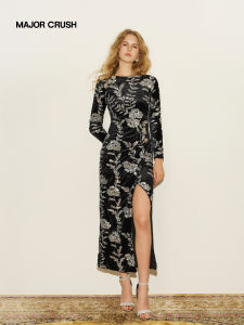 French Style Waist-cinching Slender Round Neck Side-slit Dress