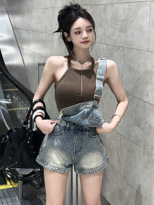 Quần Short Denim Cá Tính Một Vai Mùa Hè 2024 Quần Short Denim Cạp Cao Cho Nữ Quần Short Denim Thường Ngày Màu Trơn