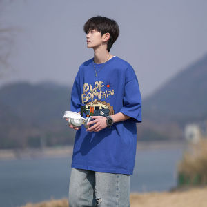 Trendy Graffiti Short Sleeve T-Shirt Mens Deep Blue High Street Style Cotton Casual Summer Fashion Top Quality round Neck