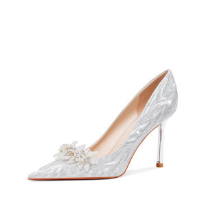 รองเท้าแต่งงานสีเงินสุดสง่างามสำหรับผู้หญิง รองเท้าแต่งงานสีทอง รองเท้าแต่งงานแบบสวมใส่สองทาง รองเท้าส้นสูงสไตล์ฝรั่งเศสสำหรับเจ้าสาว