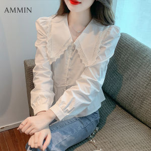 AMMIN autumn new sweet lace lace chiffon shirt Korean style fashion temperament lace doll collar waist slim lace chiffon Tops