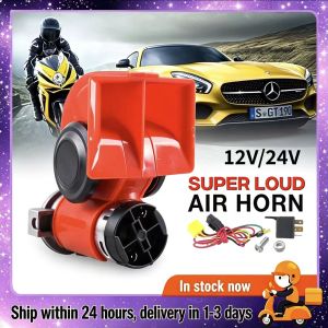 Super Loud Compact Horn TWIN TONE AIR HORN 12/24V 300 DB Snail For Cars And Motorcycle (Red) with Relay Set