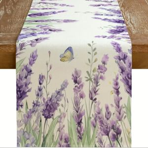 Spring Lavender Theme Linen Table Runner Rural Farmhouse Kitchen Restaurant Desktop Decoration Party Table Flag