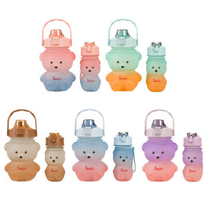 1300ML+350ML Kawaii Sports Bottle Set Bear Straw Leakproof Drink Bottle Frosted Gradient Drinkware with Strap for Outdoor School Office