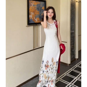 Elegant French Style Printed Vest Dress for Important Occasions Summer Season Wrap Waist Design No Sleeve Womens Skirt