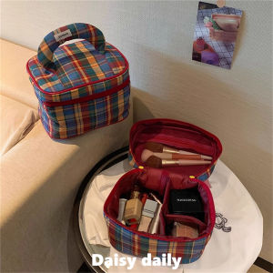 Original Large Capacity Portable Retro Plaid Makeup Bag Travel Outing Washing Storage Bag Canvas Cubic Structure for Everyone