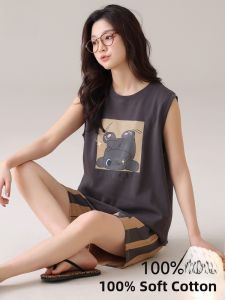 Miiow | Pure Cotton Summer Sleepwear Womens Loose Thin Home Clothes Two-Piece Set Short Sleeve Round Neck Cartoon Print Comfortable