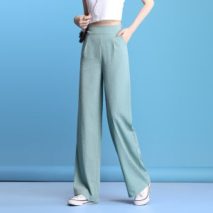 High-Waist Ice Silk Wide-Leg Pants for Women Summer Thin Section Cotton Linen Casual Straight-Leg Pants with Asymmetry Details