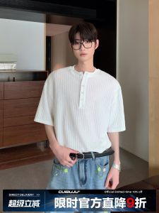 CuiBuju Mens Summer Loose T-shirt Texture Multi-button Simple Lazy Style Vertical Stripe Versatile Fashionable Top