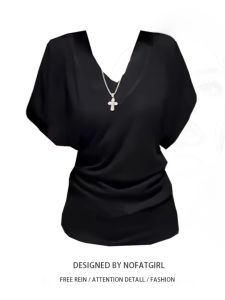 plus Size Womens Fashionable Slim Fit T-shirt Deep V-neck Batwing Sleeve Summer New Style Waist-cinching High-End Feeling Top