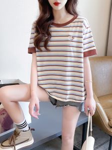 plus Size Womens Embroidered Striped Pure Cotton Short Sleeve T-Shirt Loose Korean Style Summer Top for plus Size Women
