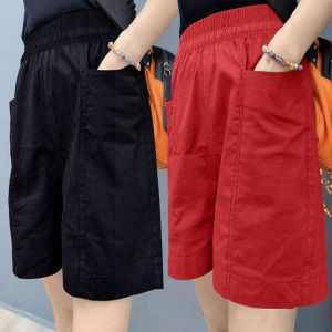 กางเกงขาสั้นทรงหลวมเอวยางยืดสำหรับผู้หญิงในช่วงฤดูร้อน กางเกงขาสั้นชายหาดทรงหลวมเอวสูงผ้าฝ้ายบาง กระเป๋าใหญ่ สไตล์ย้อนยุค