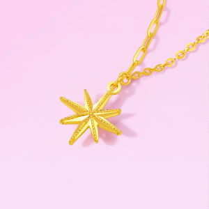 ZHOU LIU FU 周六福 24K Solid Gold Star Necklace Eight Pointed Star Gold Charm Pendant Necklaces Chain Link Necklaces Shining Jewelry for Women Mom Daughter 40+5cm A0613797