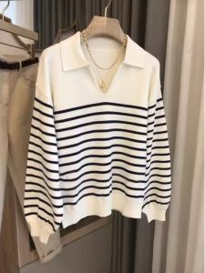 French Black and White Stripes V-neck Polo Collar Sweater Womens Spring Fall and Winter New Arrival Base Cashmere Sweater Loose Tops