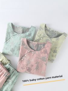 New Chinese Style Baby Cotton Two-Piece Set Sleepwear Womens Long Sleeve Home Clothes Pure Cotton Pleated Fabric Spring Summer