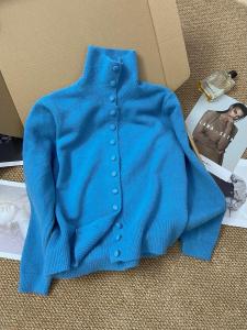 Áo Len Cardigan Dệt Kim Cổ Cao Màu Xanh Lam Cho Nữ Mùa Hè Dày Dặn Mềm Mại Áo Khoác Ngoài Thường Ngày Dài Tay Dáng Rộng