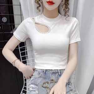 European Station Asymmetrical Short Sleeve T-Shirt Womens Summer New Arrival Silm Easiest for Match Stylish Heavy Embroidery Hot Drilling Cut Out Tops