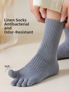 Miiow | Mens Mid-calf Anti-Odor Cotton Linen Separate Toe Socks Five-Fingered Pure Color Anti-Bacterial Summer Autumn Winter Socks