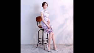 Hangzhou Faux Silk Peony Purple Mini Qipao 2410-82 杭州人字紋絲綢牡丹紫色短旗袍