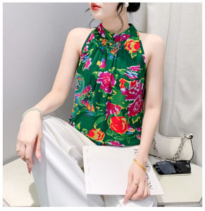 REHIN เสื้อเข้ารูปพอดีแขนกุดผู้หญิงเสื้ออเนกประสงค์คอตั้งสีแดงอินเทรนด์แฟชั่นพิมพ์ลายดอกใหม่ฤดูร้อน บอดี้สูทหญิง