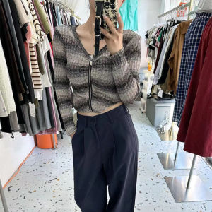 Fashionable V-neck Long Sleeve Crop Top Womens Tight Fit Shirt Zipper Design Spring Autumn Shoulder Pad Short Length T-shirt