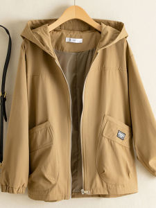 เสื้อแจ็คเก็ตมีฮู้ดแบบบางลำลองสำหรับฤดูใบไม้ร่วง เสื้อโค้ทสั้นสำหรับผู้หญิง เสื้อคลุมกันหนาวแบบหลวมๆ สำหรับคุณแม่ปี 2025 เสื้อคลุมกันหนาวสีพื้นแบบใหม่