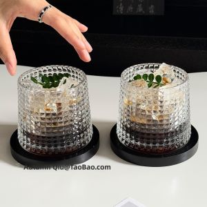 Sanq Retro Checkered Glass Cup Whiskey Cup Juice Cup Latte Coffee Drink Cup Nordic Style Transparent Universal round Cup