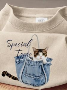 เสื้อยืดคอกลมแขนสั้นผ้าฝ้ายลายแมวสุดน่ารักสำหรับผู้หญิง แฟชั่นฤดูร้อน 2025 ดีไซน์เก๋ไก๋ ทรงหลวม ระบายอากาศได้ดี ระบายความชื้น