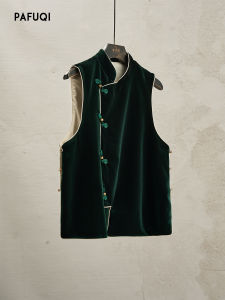 Green Velvet Jacket with Button Design Layered Vest Style Chinese Style Womens Fashion Autumn New Arrival Puff Qi Brand