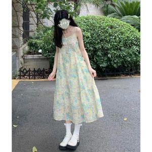 Green Floral Print Sleeveless Midi Dress Womens Summer New Style Tea Break French Quality High End Long Dress Korean Loose Fit
