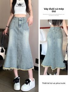 Váy Mini Denim Đuôi Cá Cạp Cao Cho Nữ Mùa Hè Dáng Chữ a Váy Midi Cỡ Lớn Ôm Sát Eo Cao Váy Denim Viền Dài