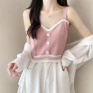 Pink Sweet Girl Knitted Strap Vest Summer New Style 2024 Outdoor Short Button Spicy Girl Top Womens Fashion Sleeveless Vest