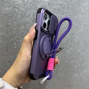 Armor Magnetic Bracket Case for iPhone 16 14 13 12 11 15 Pro Max Plus With Lanyard Slide Camera Protection Shockproof Cover