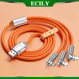 ECILY 3-In-1 ° สายชาร์จหมูนได้100W 6A สายข้อมูลหนาสายชาร์จแบบเร็วหมูนได้สายชาร์จแบบเร็ว120W สายชาร์จ Geek หนึ่งลากสามสายข้อมูลชนิด C/I-OS USB C 1.2M
