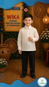 Baby Fourths Couture Buwan ng Wika Traditional Barong Tagalog Modern Pintax Brown Lining for Kids Cultural Formal Wedding Events Philippines