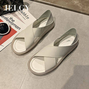 IELGY sandals female fairy wind flat cross student soft bottom non-slip single shoes